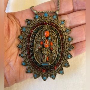 Deity Idol Pendant with Faux Gemstones Subway Vintage Pendant Necklace